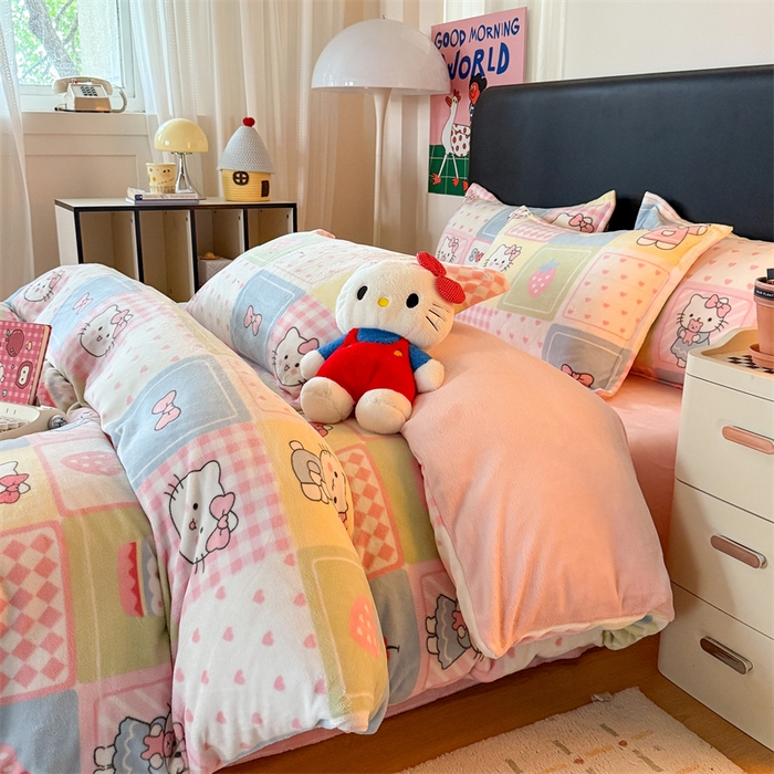 91家纺网 家纺一手货源 找家纺 温眠家纺 2025新款加厚牛奶绒四件套跑量款 格子猫咪