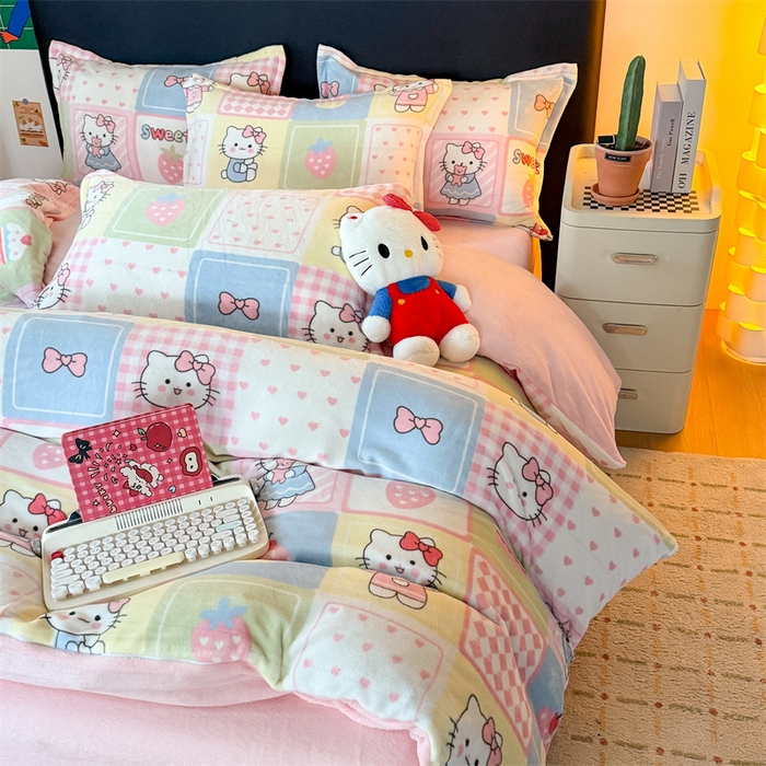 91家纺网 家纺一手货源 找家纺 温眠家纺 2025新款加厚牛奶绒四件套跑量款 格子猫咪