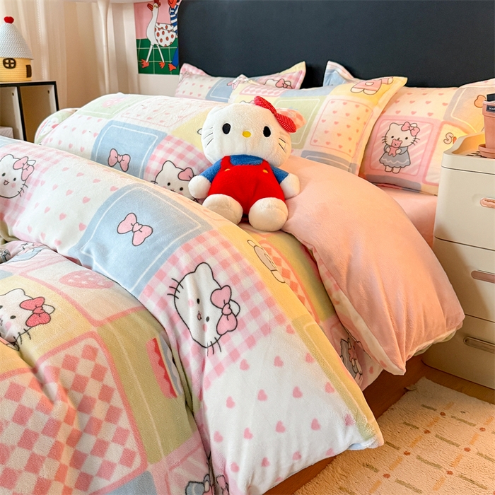 91家纺网 家纺一手货源 找家纺 温眠家纺 2025新款加厚牛奶绒四件套跑量款 格子猫咪