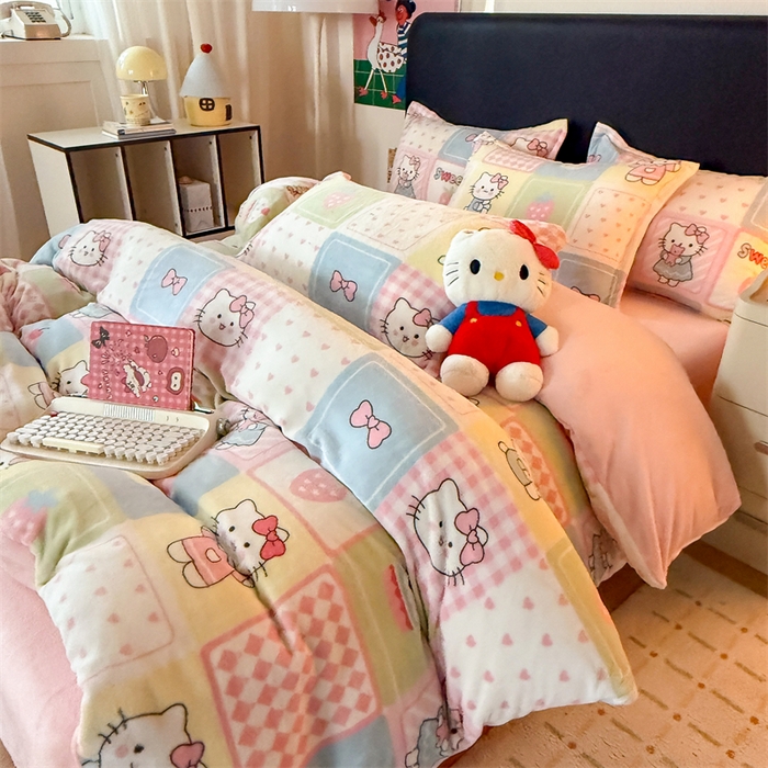 91家纺网 家纺一手货源 找家纺 温眠家纺 2025新款加厚牛奶绒四件套跑量款 格子猫咪