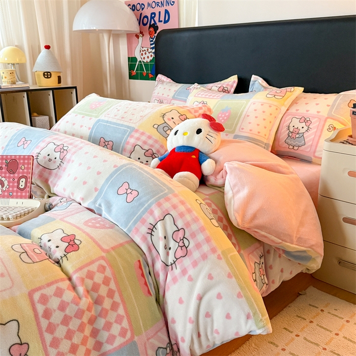 91家纺网 家纺一手货源 找家纺 温眠家纺 2025新款加厚牛奶绒四件套跑量款 格子猫咪