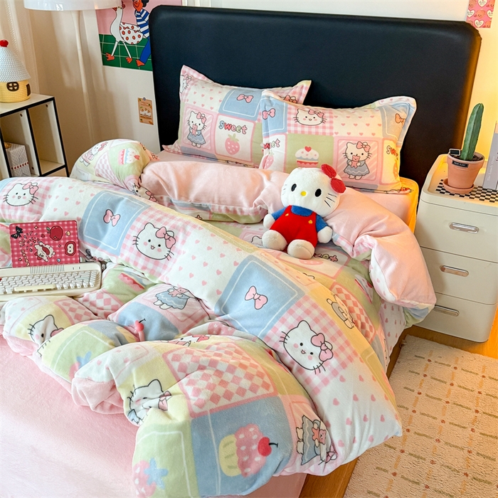 91家纺网 家纺一手货源 找家纺 温眠家纺 2025新款加厚牛奶绒四件套跑量款 格子猫咪