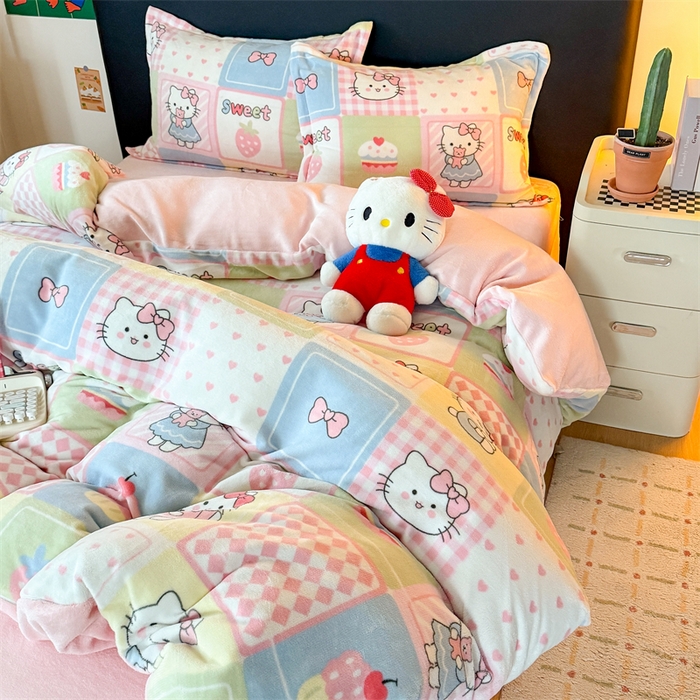 91家纺网 家纺一手货源 找家纺 温眠家纺 2025新款加厚牛奶绒四件套跑量款 格子猫咪