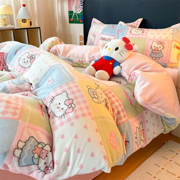 91家纺网 家纺一手货源 找家纺 温眠家纺 2025新款加厚牛奶绒四件套跑量款 格子猫咪