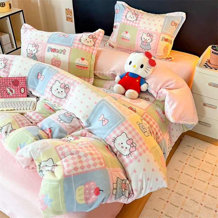 91家纺网 家纺一手货源 找家纺 温眠家纺 2025新款加厚牛奶绒四件套跑量款 格子猫咪