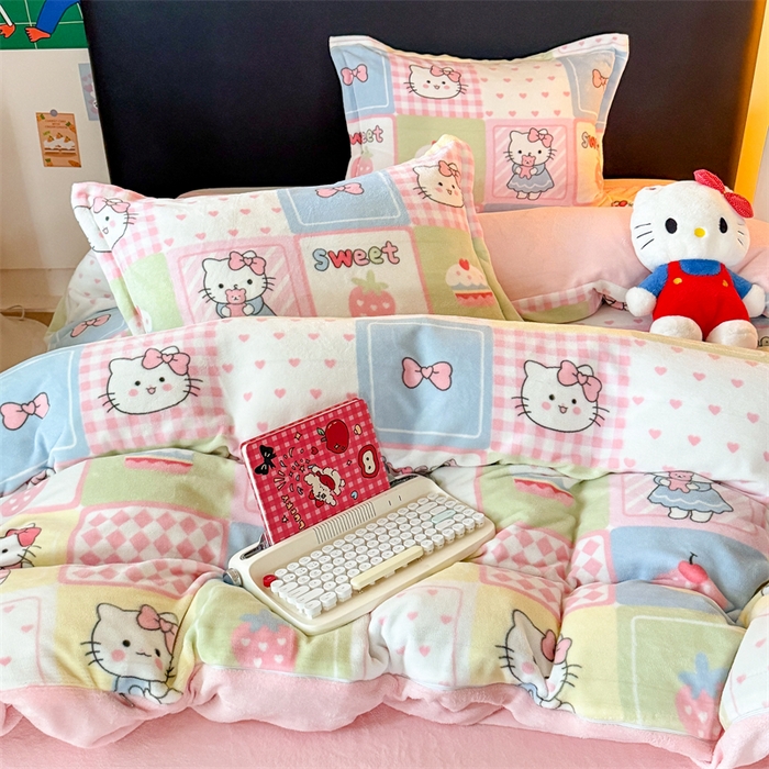 91家纺网 家纺一手货源 找家纺 温眠家纺 2025新款加厚牛奶绒四件套跑量款 格子猫咪