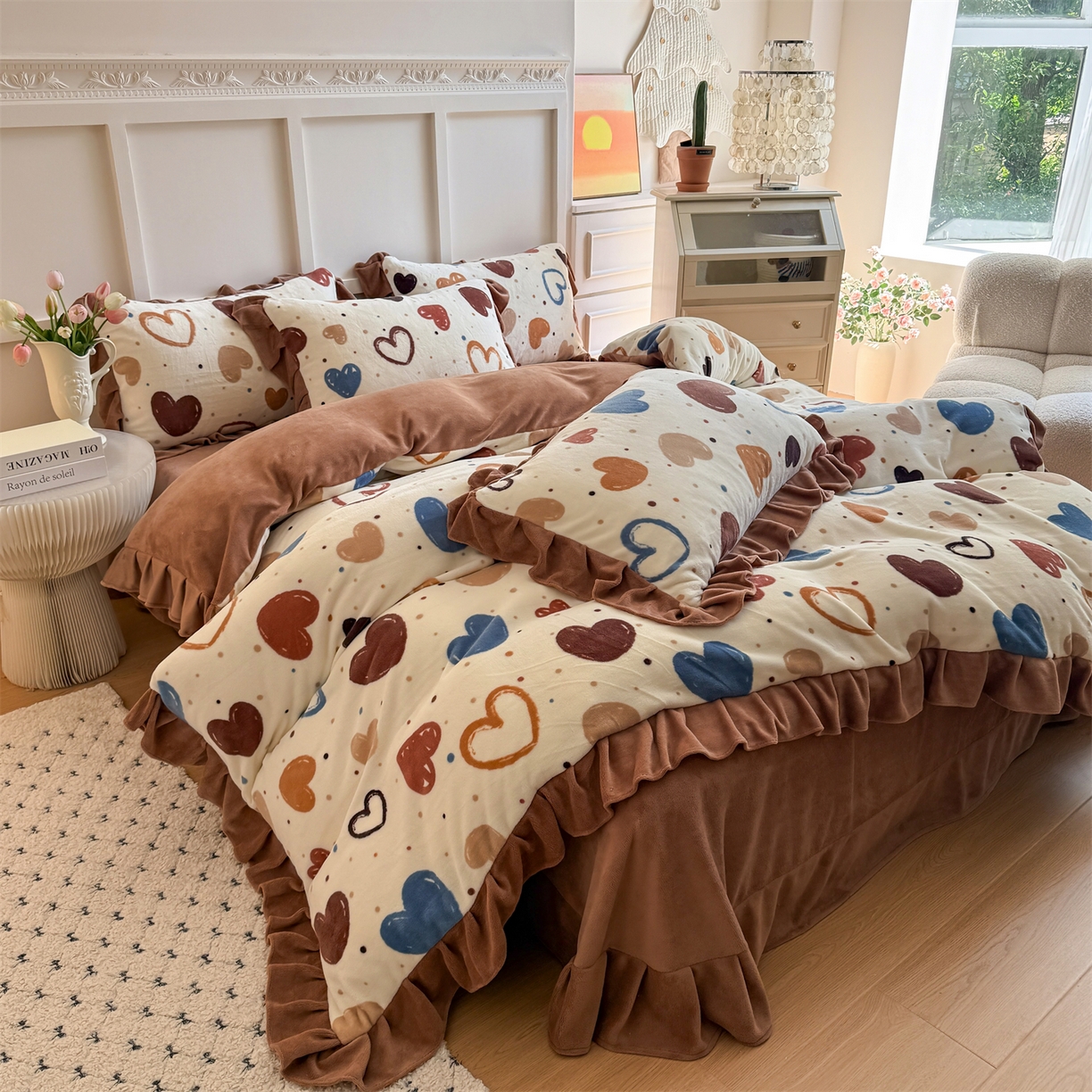 91家纺网 家纺一手货源 找家纺 温眠家纺 2025新款200g全工艺牛奶绒花边款四件套吊边床单 心意