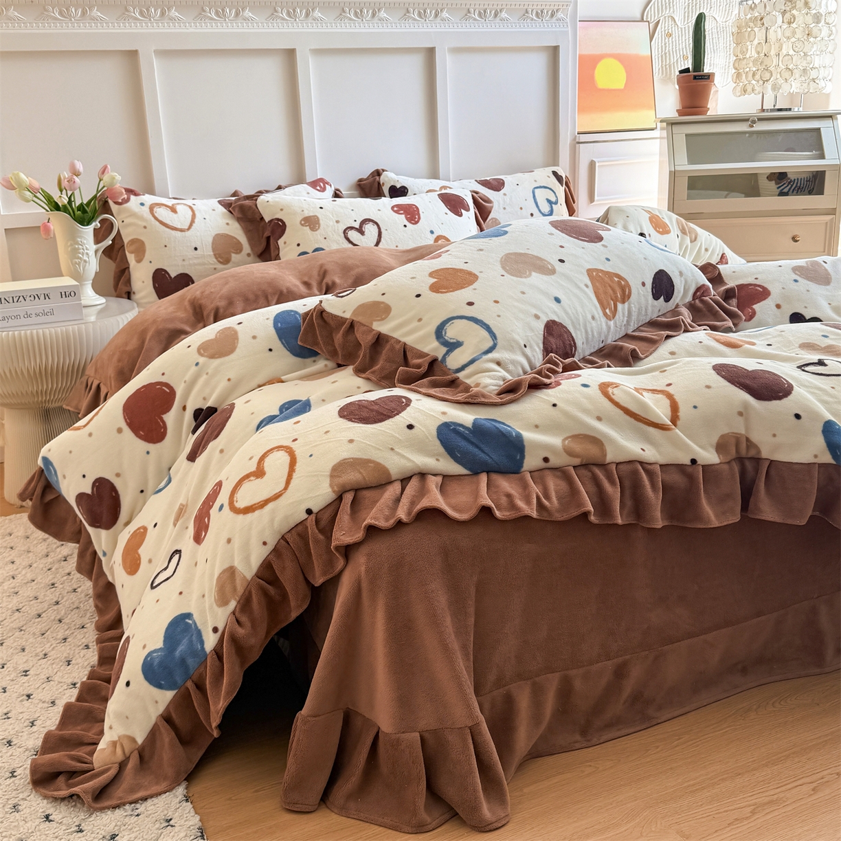 91家纺网 家纺一手货源 找家纺 温眠家纺 2025新款200g全工艺牛奶绒花边款四件套吊边床单 心意