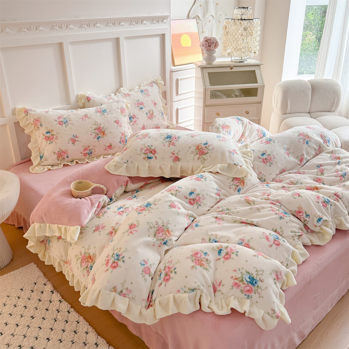 91家纺网 家纺一手货源 找家纺 温眠家纺 2025新款200g全工艺牛奶绒花边款四件套吊边床单 甜美梦境