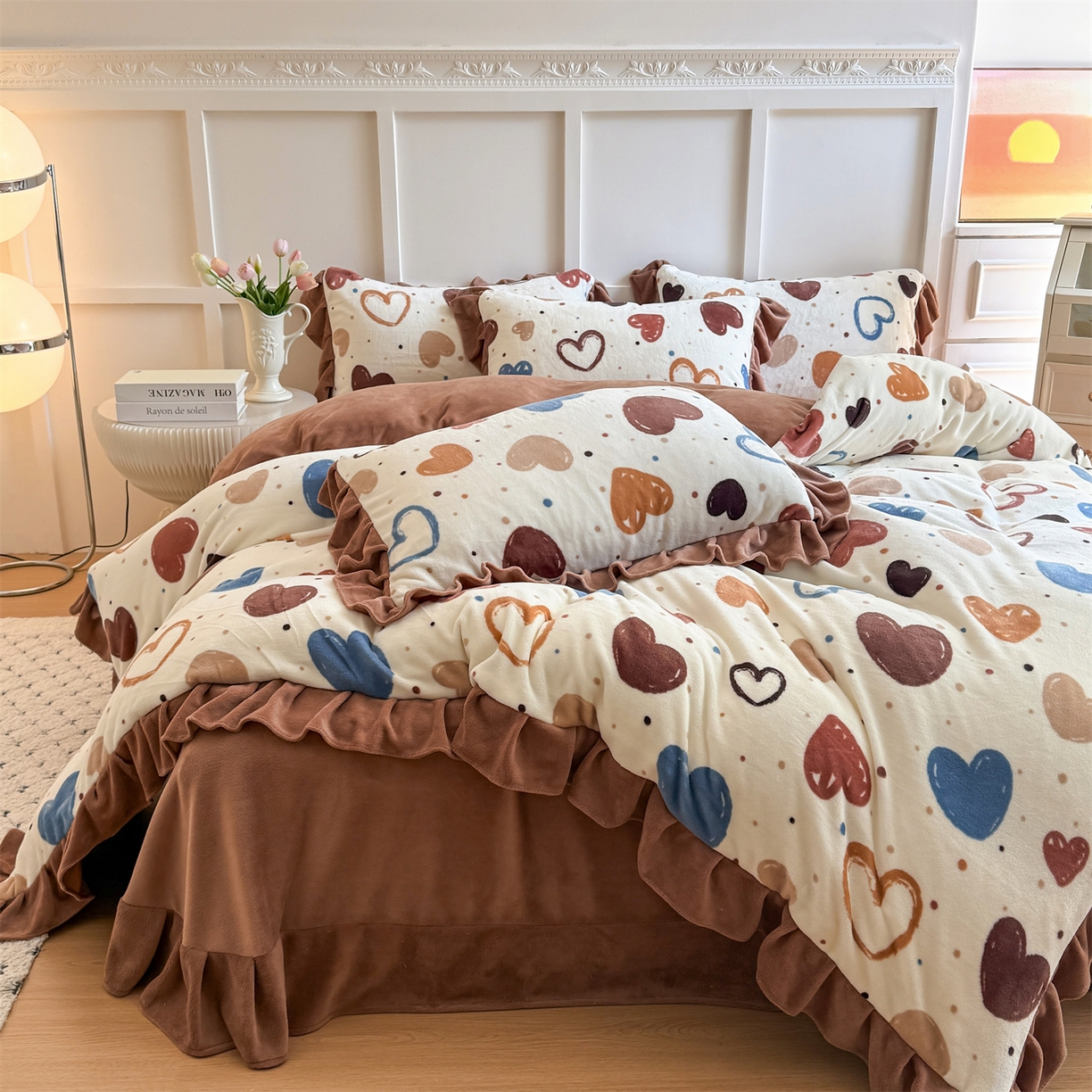 91家纺网 家纺一手货源 找家纺 温眠家纺 2025新款200g全工艺牛奶绒花边款四件套吊边床单 心意