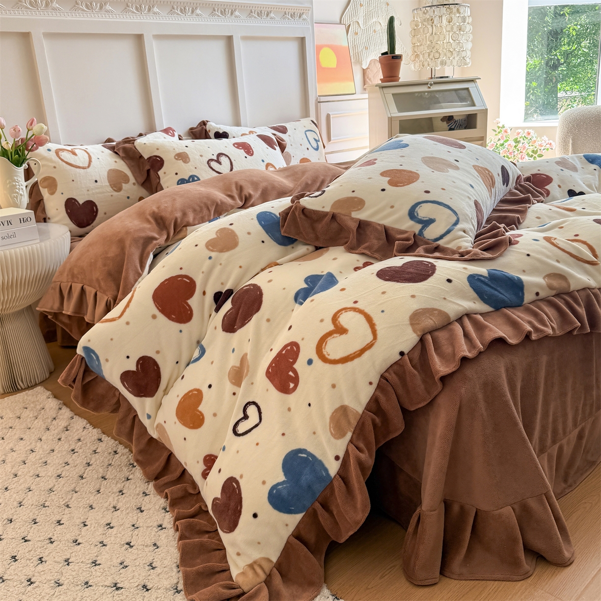 91家纺网 家纺一手货源 找家纺 温眠家纺 2025新款200g全工艺牛奶绒花边款四件套吊边床单 心意