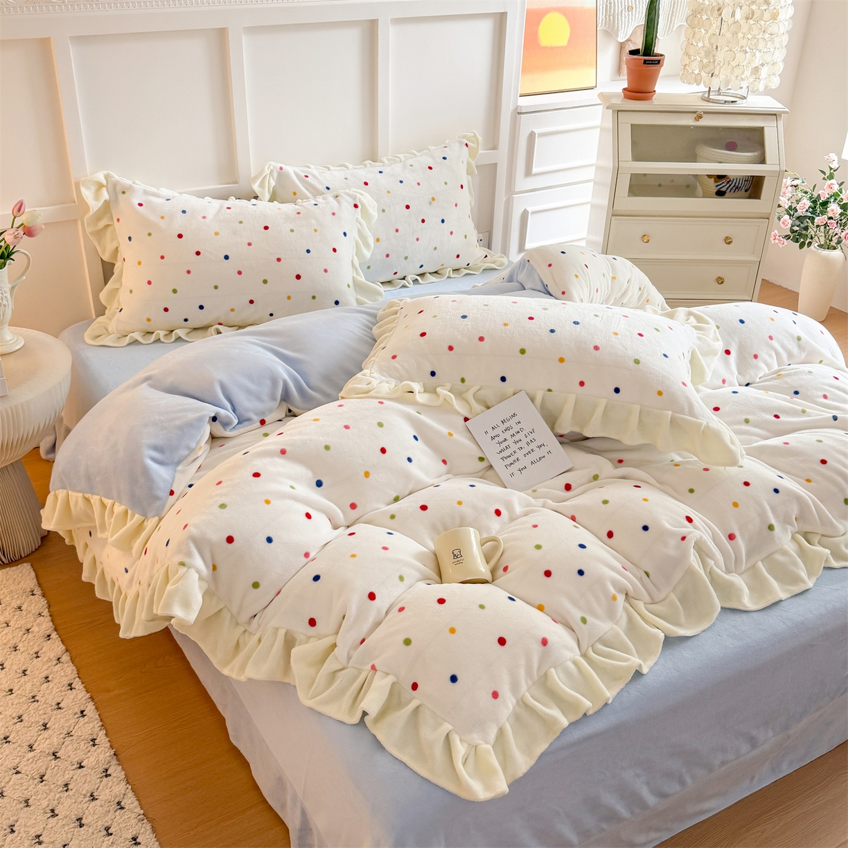 91家纺网 家纺一手货源 找家纺 温眠家纺 2025新款200g全工艺牛奶绒花边款四件套吊边床单 彩色波点