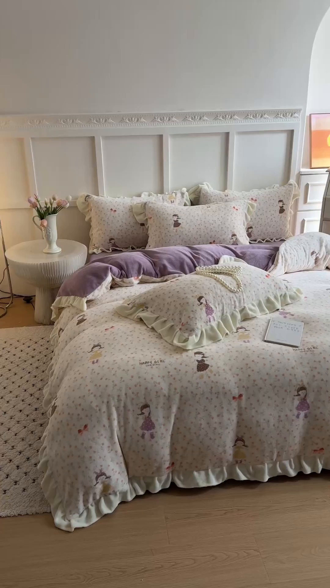 91家纺网 家纺一手货源 找家纺 温眠家纺 2025新款200g全工艺牛奶绒花边款四件套吊边床单 春意