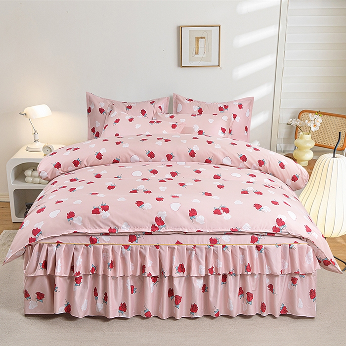 小雨家纺 2026新款跨境芦荟棉韩版花边床裙单品套件--四件套 唯爱粉