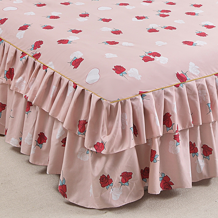 91家纺网 家纺一手货源 找家纺 小雨家纺 2026新款跨境芦荟棉韩版花边床裙单品套件--四件套 唯爱粉