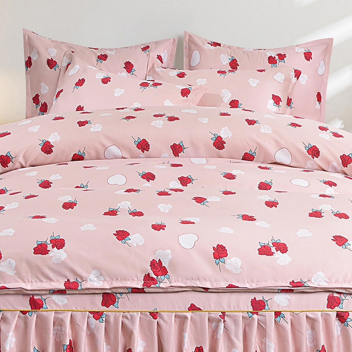 91家纺网 家纺一手货源 找家纺 小雨家纺 2026新款跨境芦荟棉韩版花边床裙单品套件--四件套 唯爱粉