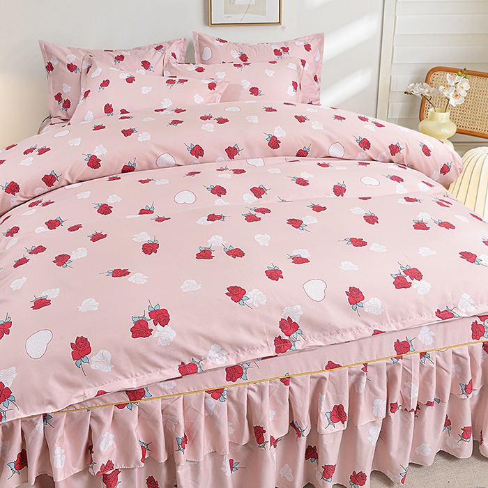 91家纺网 家纺一手货源 找家纺 小雨家纺 2026新款跨境芦荟棉韩版花边床裙单品套件--四件套 唯爱粉