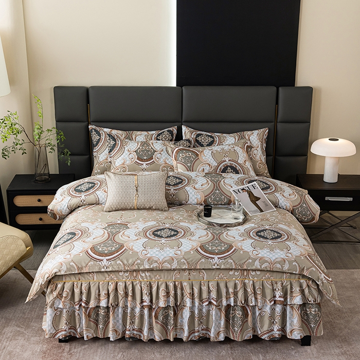 小雨家纺 2026新款跨境芦荟棉韩版花边床裙单品套件--四件套 张灯结彩卡其