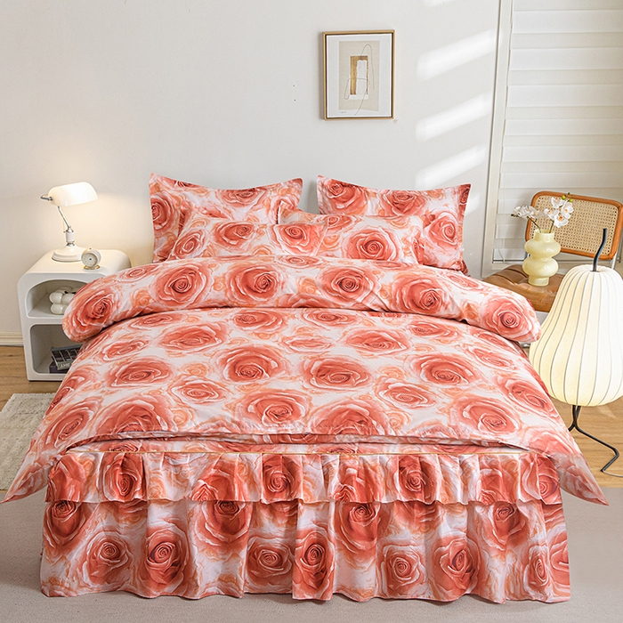 小雨家纺 2026新款跨境芦荟棉韩版花边床裙单品套件--四件套 玫瑰庄园棕