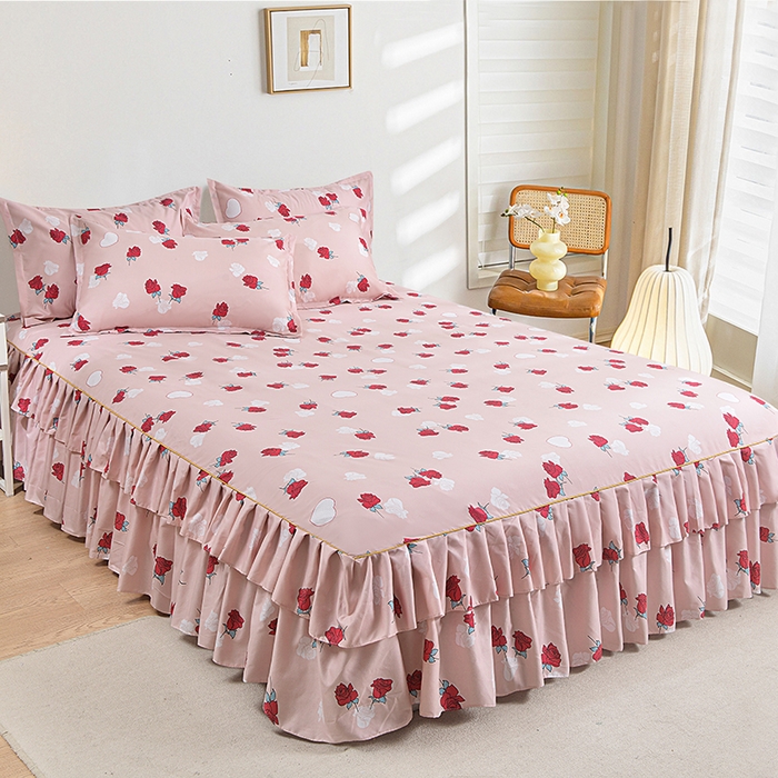 91家纺网 家纺一手货源 找家纺 小雨家纺 2026新款跨境芦荟棉韩版花边床裙单品套件--四件套 唯爱粉