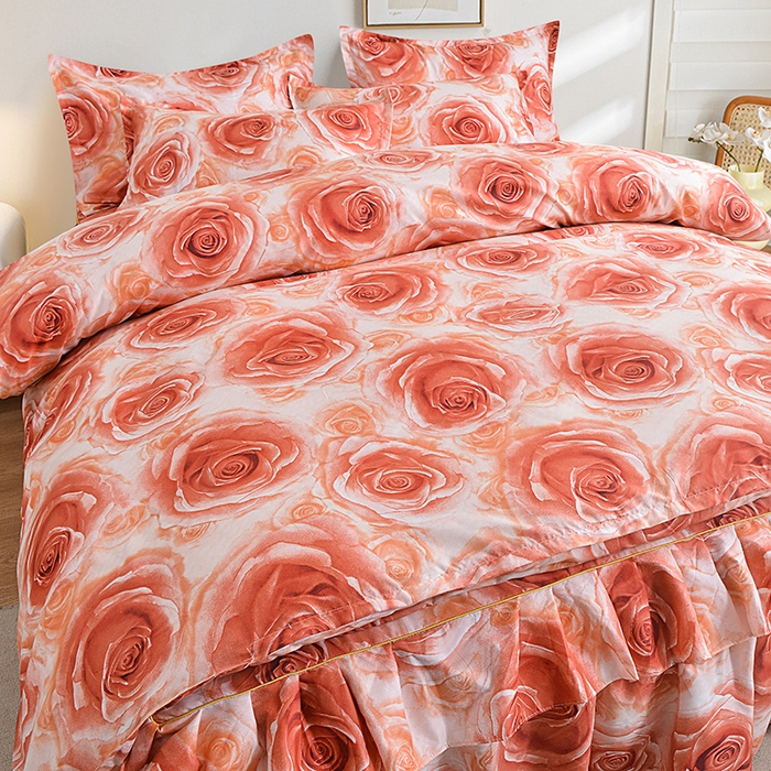 91家纺网 家纺一手货源 找家纺 小雨家纺 2026新款跨境芦荟棉韩版花边床裙单品套件--四件套 玫瑰庄园棕