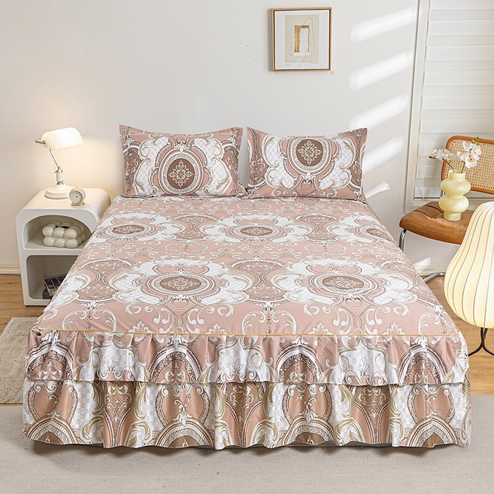 小雨家纺 2026新款跨境芦荟棉韩版花边床裙单品套件--四件套 张灯结彩棕