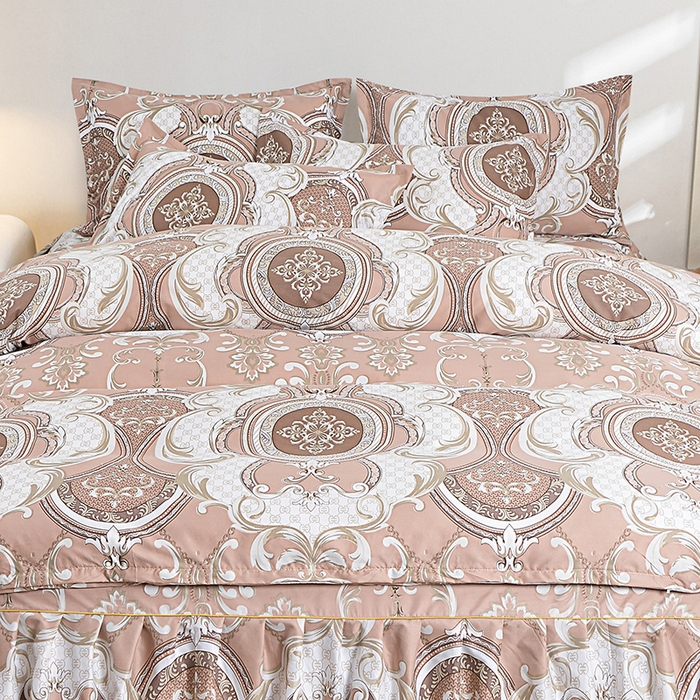 91家纺网 家纺一手货源 找家纺 小雨家纺 2026新款跨境芦荟棉韩版花边床裙单品套件--四件套 张灯结彩棕