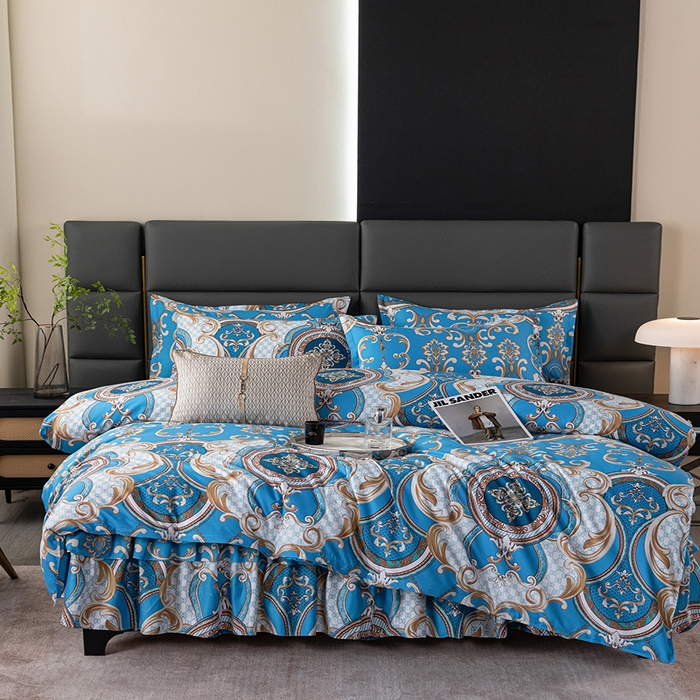 91家纺网 家纺一手货源 找家纺 小雨家纺 2026新款跨境芦荟棉韩版花边床裙单品套件--四件套 张灯结彩蓝