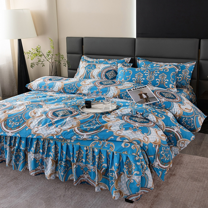 91家纺网 家纺一手货源 找家纺 小雨家纺 2026新款跨境芦荟棉韩版花边床裙单品套件--四件套 张灯结彩蓝