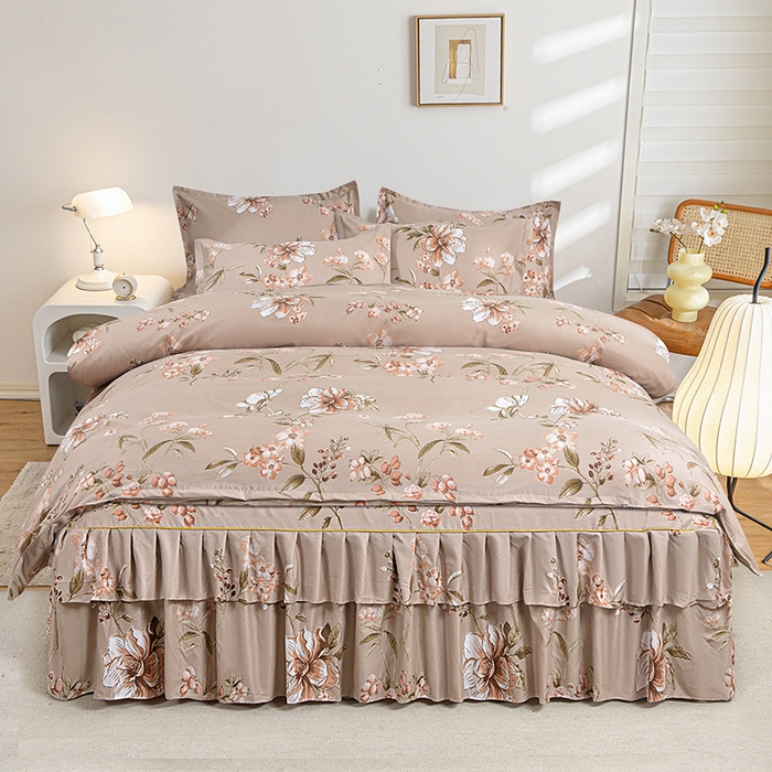 小雨家纺 2026新款跨境芦荟棉韩版花边床裙单品套件--四件套 锦上添花棕