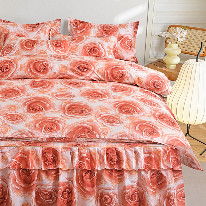 91家纺网 家纺一手货源 找家纺 小雨家纺 2026新款跨境芦荟棉韩版花边床裙单品套件--四件套 玫瑰庄园棕