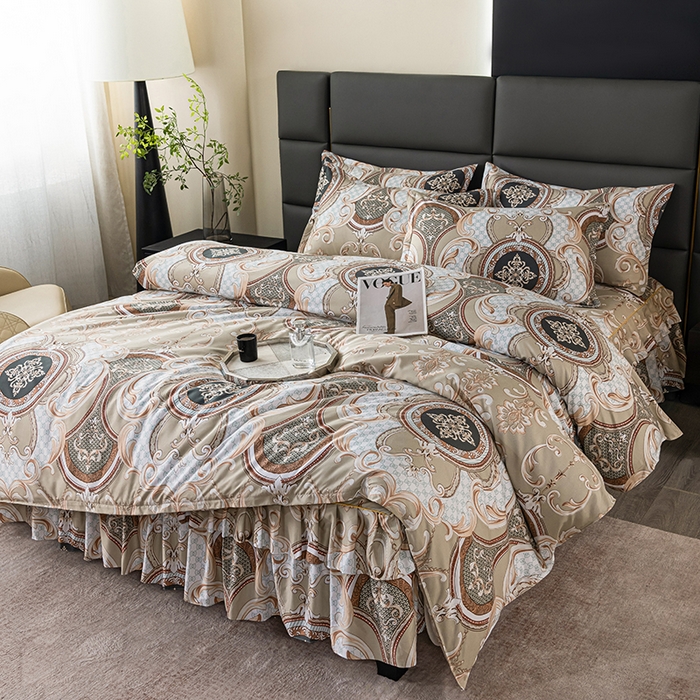 91家纺网 家纺一手货源 找家纺 小雨家纺 2026新款跨境芦荟棉韩版花边床裙单品套件--四件套 张灯结彩卡其