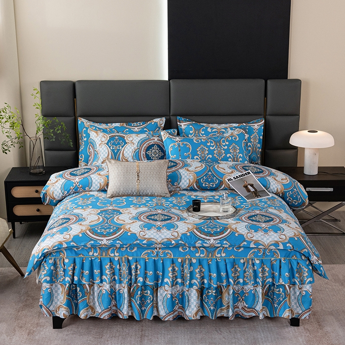 小雨家纺 2026新款跨境芦荟棉韩版花边床裙单品套件--四件套 张灯结彩蓝