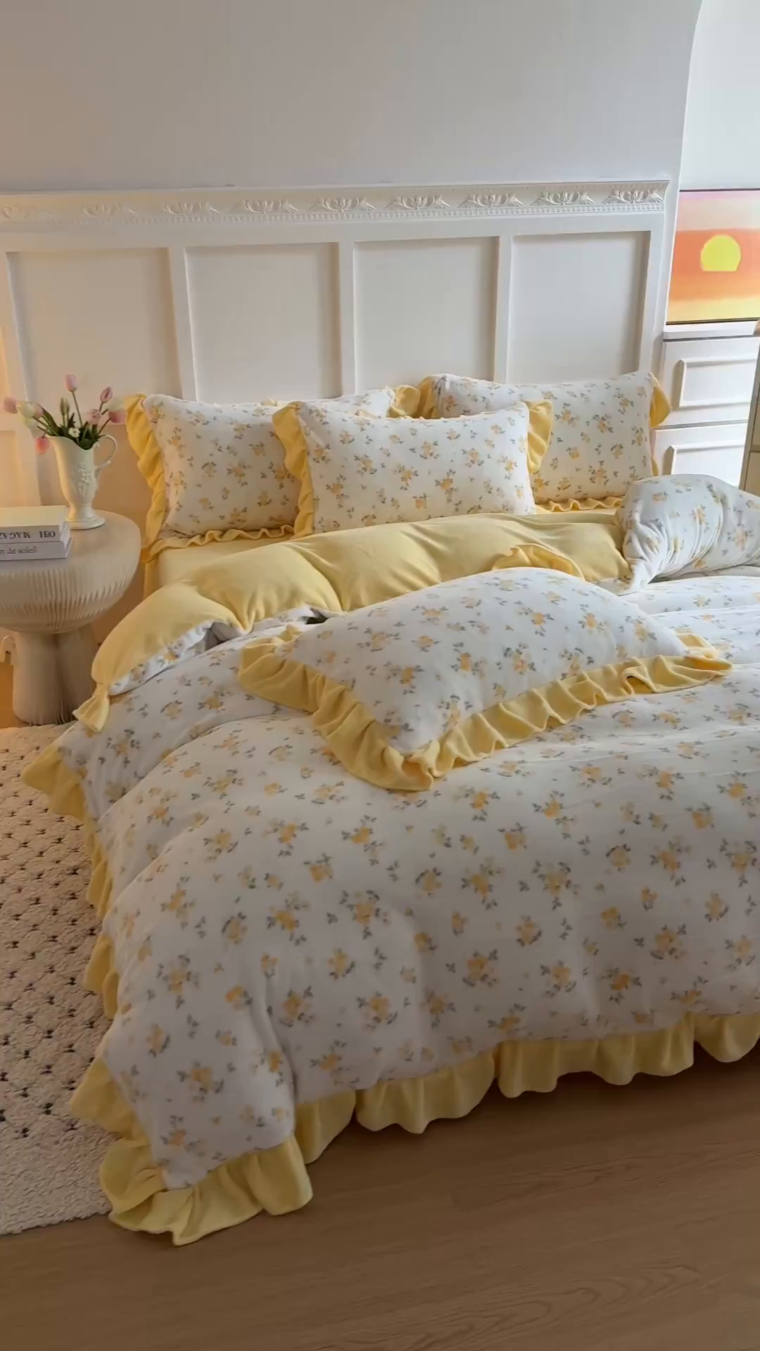 91家纺网 家纺一手货源 找家纺 温眠家纺 2025新款200g全工艺牛奶绒花边款四件套吊边床单 小黄花