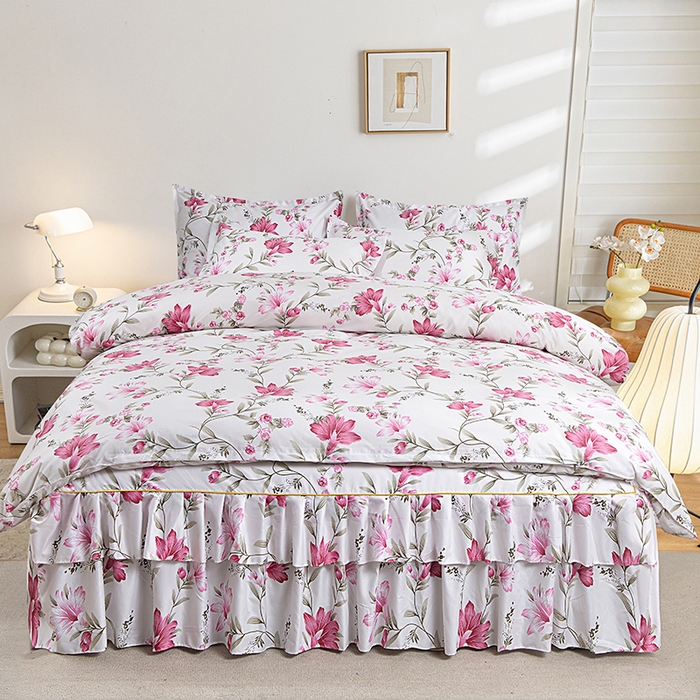 小雨家纺 2026新款跨境芦荟棉韩版花边床裙单品套件--四件套 笔下生花粉