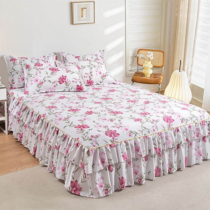 91家纺网 家纺一手货源 找家纺 小雨家纺 2026新款跨境芦荟棉韩版花边床裙单品套件--四件套 笔下生花粉