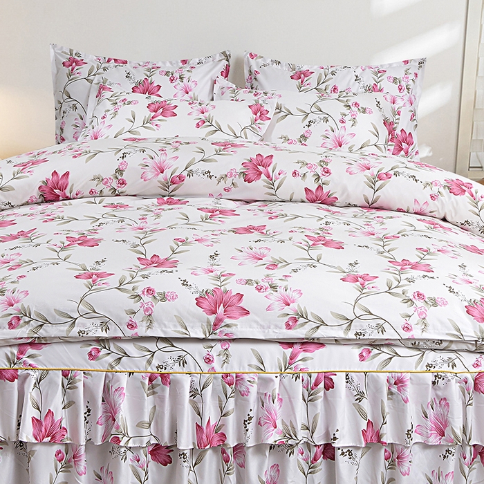 91家纺网 家纺一手货源 找家纺 小雨家纺 2026新款跨境芦荟棉韩版花边床裙单品套件--四件套 笔下生花粉