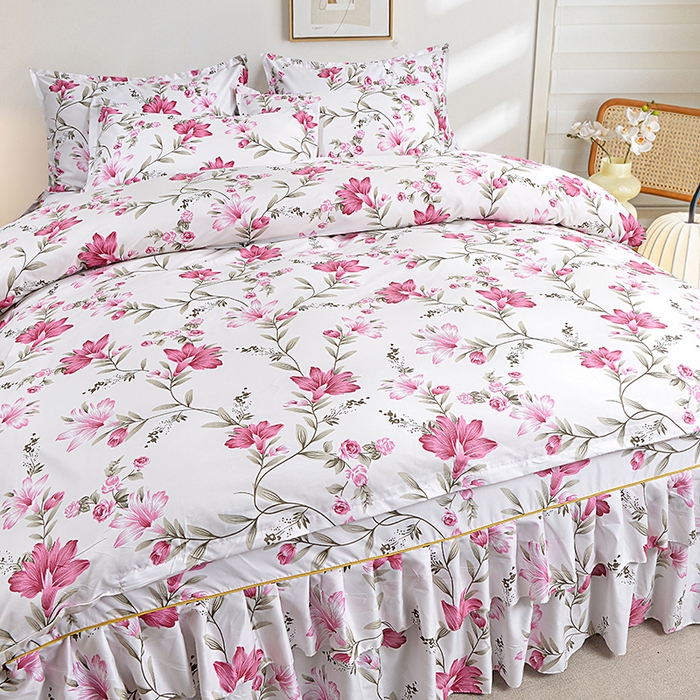 91家纺网 家纺一手货源 找家纺 小雨家纺 2026新款跨境芦荟棉韩版花边床裙单品套件--四件套 笔下生花粉