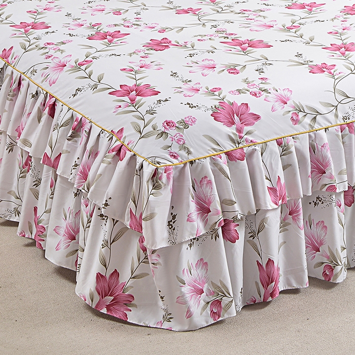 91家纺网 家纺一手货源 找家纺 小雨家纺 2026新款跨境芦荟棉韩版花边床裙单品套件--四件套 笔下生花粉