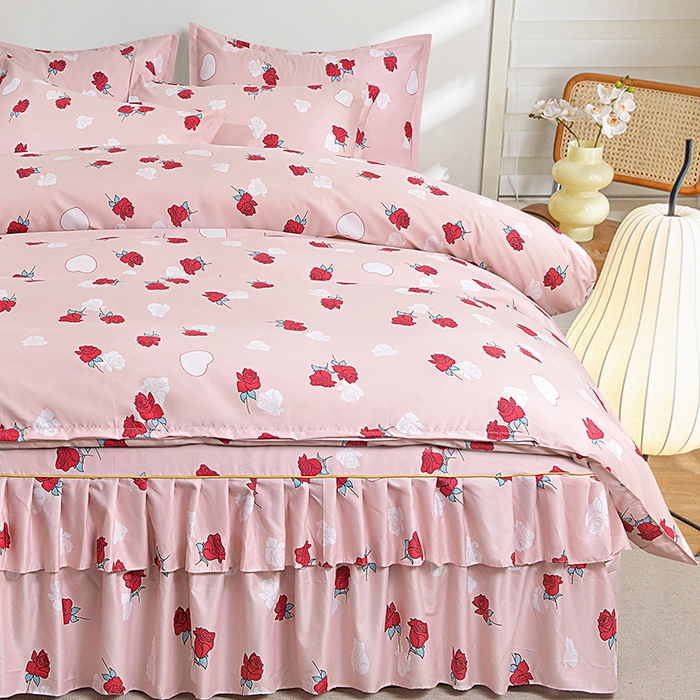 91家纺网 家纺一手货源 找家纺 小雨家纺 2026新款跨境芦荟棉韩版花边床裙单品套件--四件套 唯爱粉