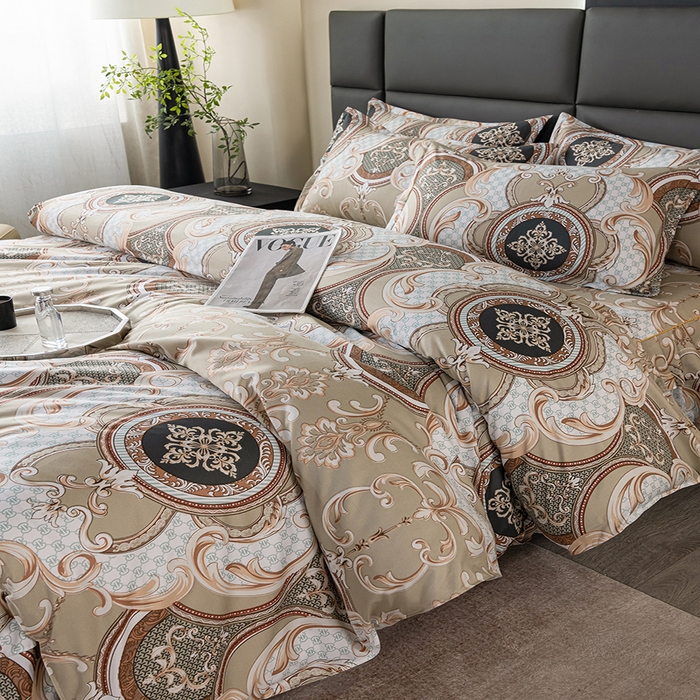 91家纺网 家纺一手货源 找家纺 小雨家纺 2026新款跨境芦荟棉韩版花边床裙单品套件--四件套 张灯结彩卡其