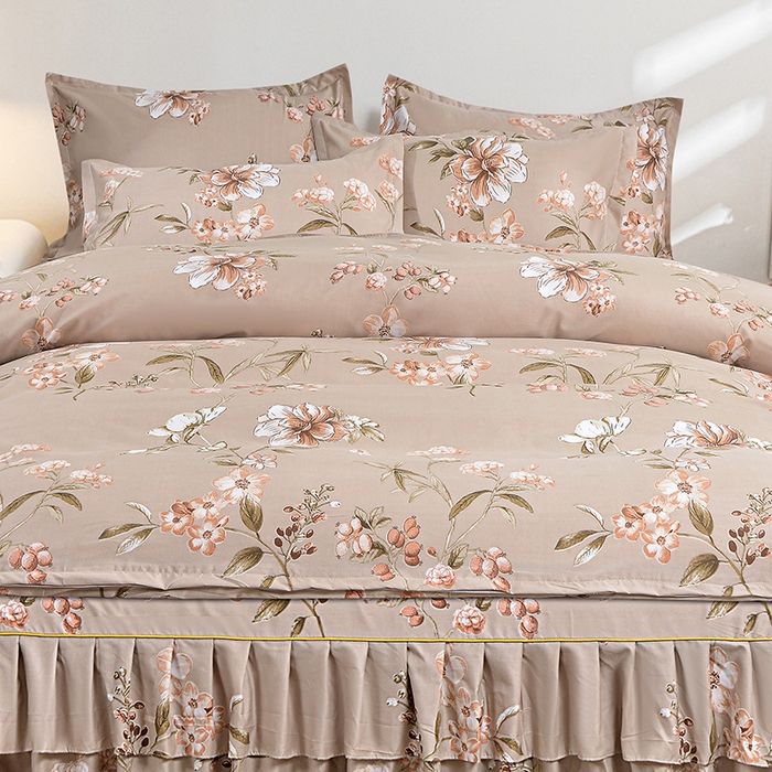 91家纺网 家纺一手货源 找家纺 小雨家纺 2026新款跨境芦荟棉韩版花边床裙单品套件--四件套 锦上添花棕