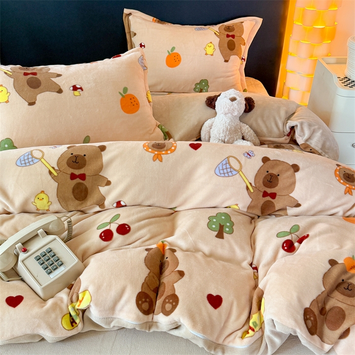 温眠家纺 2025新款加厚牛奶绒四件套跑量款 橘子卡皮