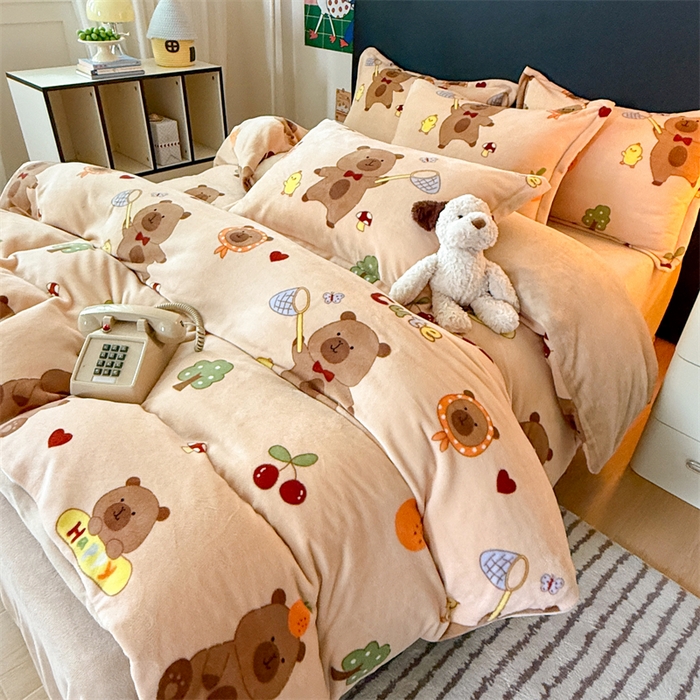 91家纺网 家纺一手货源 找家纺 温眠家纺 2025新款加厚牛奶绒四件套跑量款 橘子卡皮