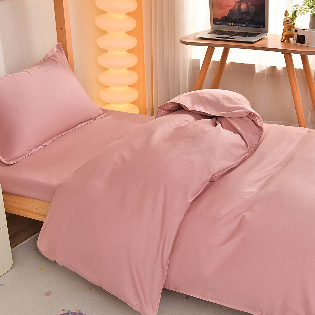 91家纺网 家纺一手货源 找家纺 小雨家纺 2026新款13376宿舍纯棉40支纯色三件套 仙女粉