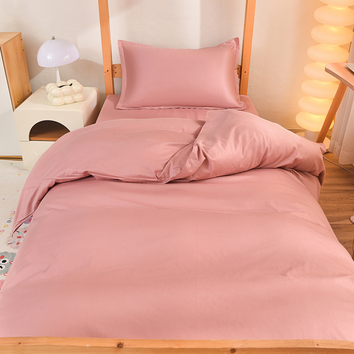 91家纺网 家纺一手货源 找家纺 小雨家纺 2026新款13376宿舍纯棉40支纯色三件套 仙女粉