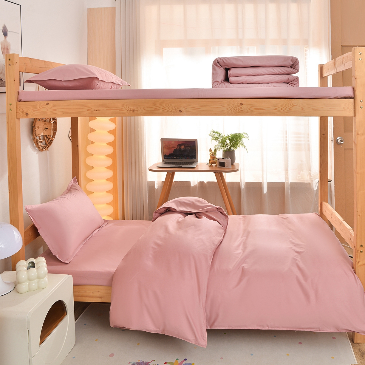 小雨家纺 2026新款13376宿舍纯棉40支纯色三件套 仙女粉