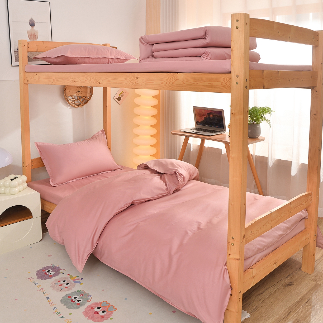 91家纺网 家纺一手货源 找家纺 小雨家纺 2026新款13376宿舍纯棉40支纯色三件套 仙女粉