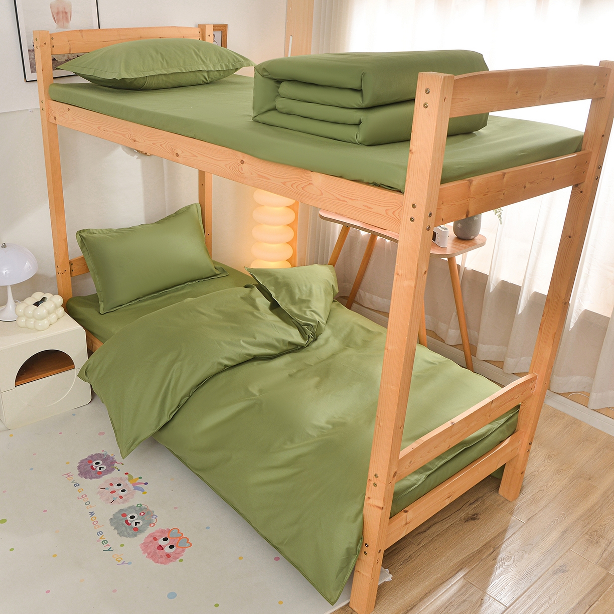 91家纺网 家纺一手货源 找家纺 小雨家纺 2026新款13376宿舍纯棉40支纯色三件套 森林绿