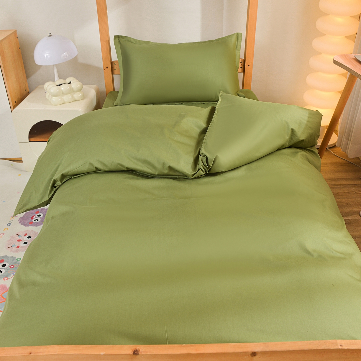 91家纺网 家纺一手货源 找家纺 小雨家纺 2026新款13376宿舍纯棉40支纯色三件套 森林绿